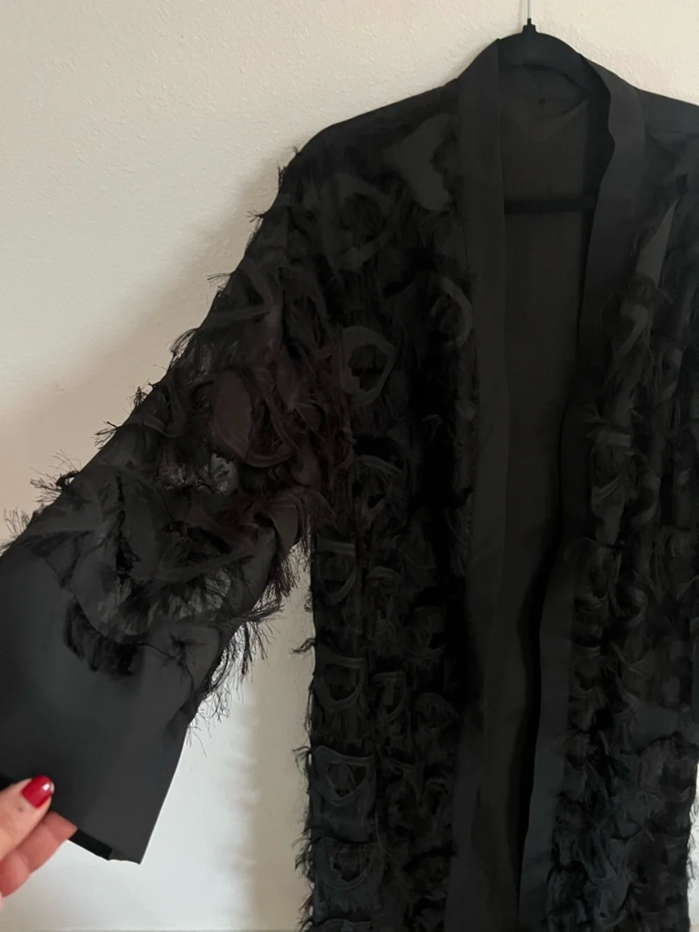 Black Sheer Feathered Duster Robe | Gothic Textured Kimono - Picture 3 of 6
